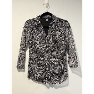 Cable & Gauge Button Up Top Womens Small Zebra Print Sheer 3/4 Sleeves Travel